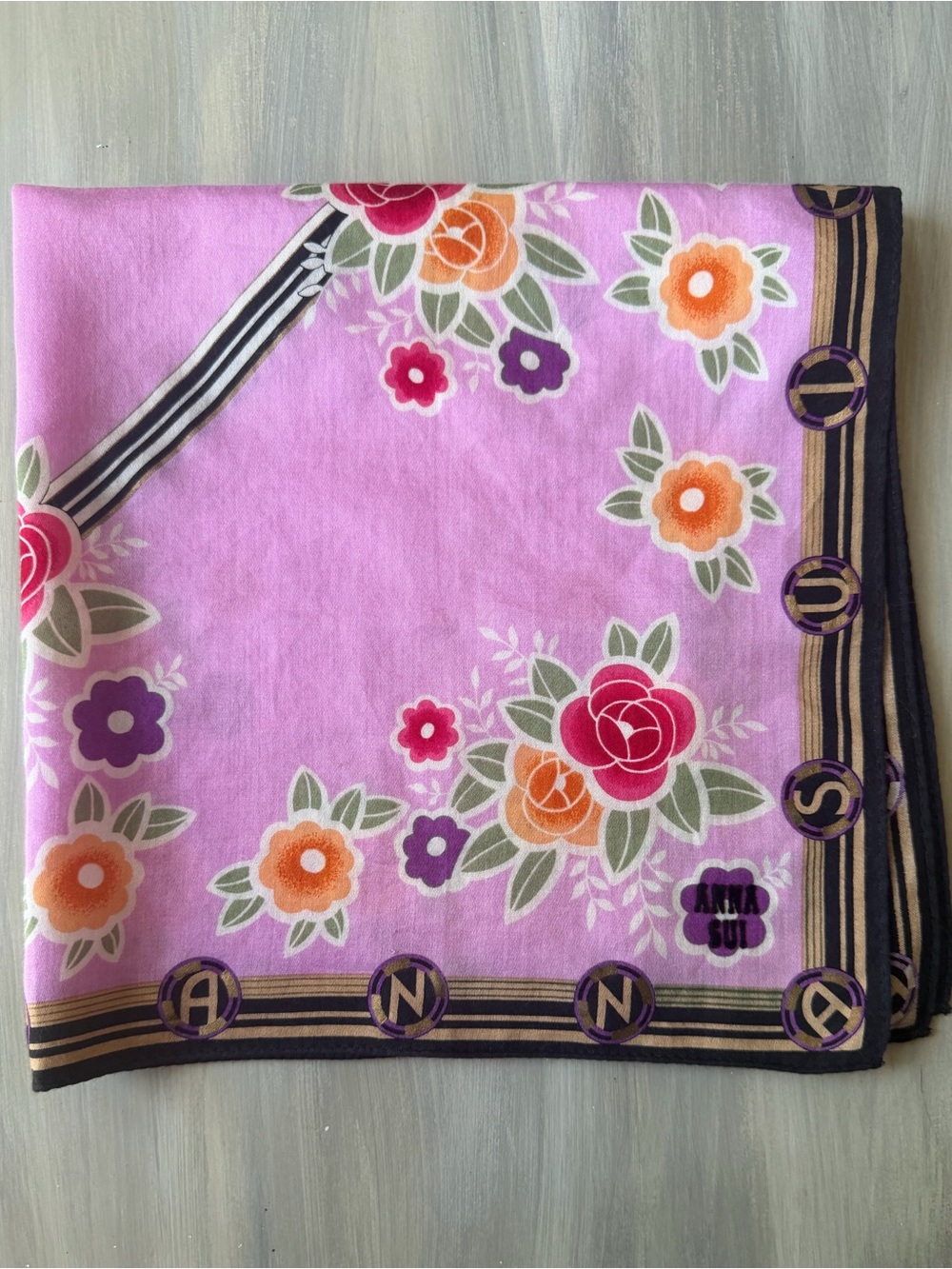 Anna Sui floral cotton scarf Bandana Roses Butterfly Purple Hair Bow Bag Scarf - Picture 6 of 12